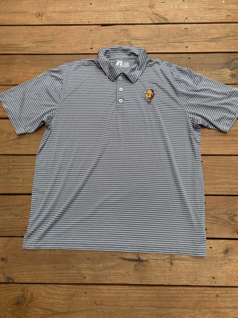 Russell Athletic Gray and White Striped Polo Shirt with Marshall Mascot Logo